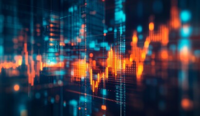 Abstract data visualization of financial market trends.  Complex network of interconnected data points,  representing fluctuating market indicators