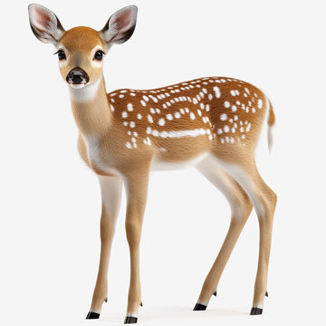 Adorable full body 3d illustration of a cute fago deer in a lush green forest setting surrounded by nature