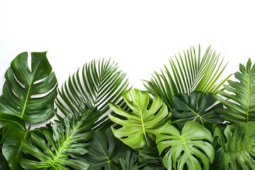 Obraz premium Green tropical leaves against a white background creating a border or frame.