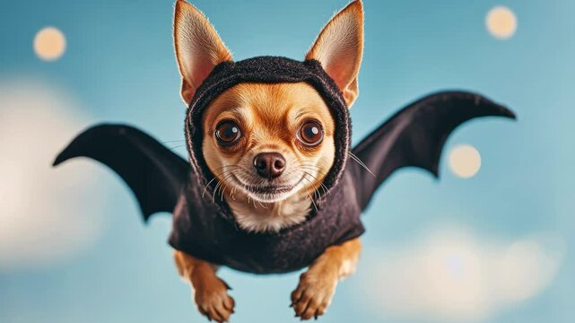 Charming dog in bat costume, white isolated background