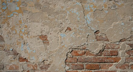 Exposed Brick Wall with Cracked Plaster and Faded Paint Detail