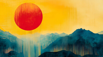 A stylized artwork showing sun mountains and a vibrant sky