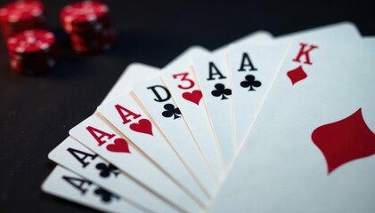 Playing cards arranged in a neat ace sequence , close-up, design