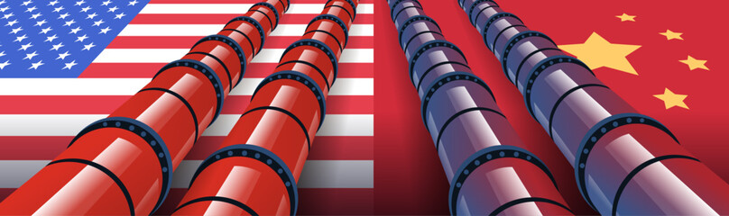 Obraz premium Trade war pipelines USA China flags. Concept of tariffs war with pipelines over USA and China flags depicting economic tension. Vibrant colors digital art