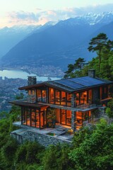 Mountainside home with stunning views, solar panels, and large windows