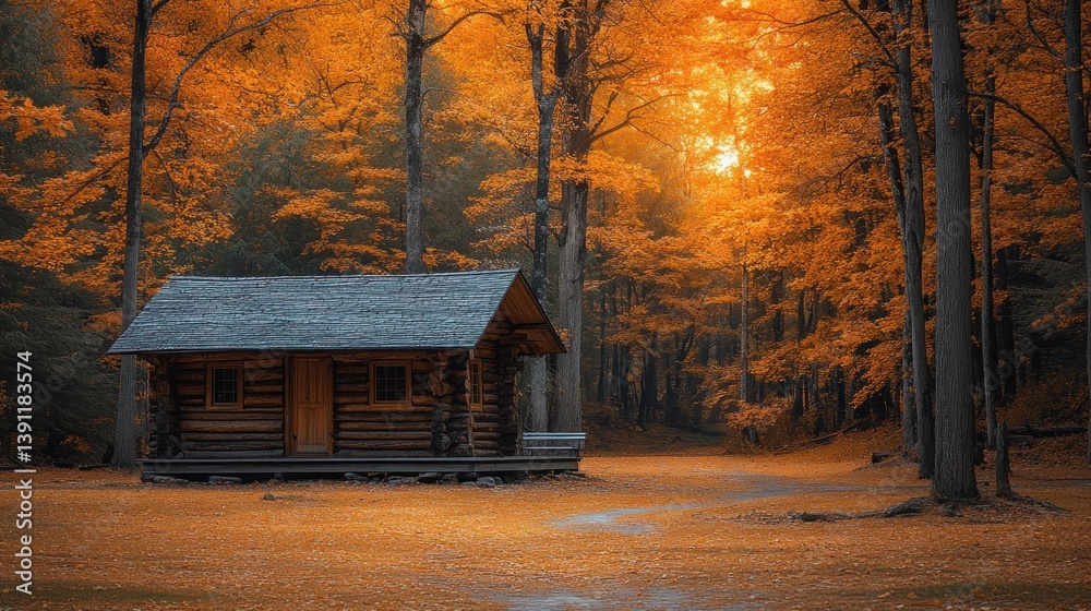 Poster rustic log cabin nestled in a vibrant autumn forest.