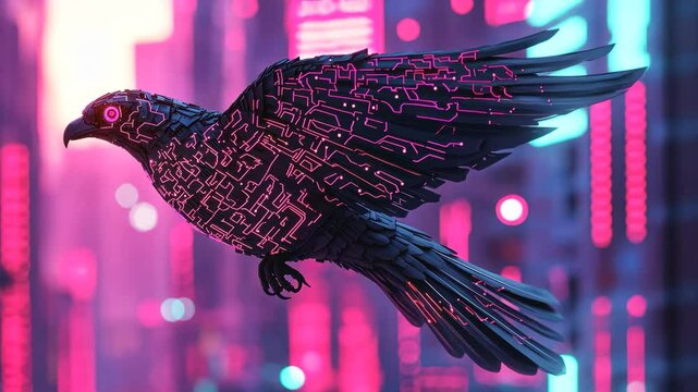 Futuristic wireframe bird with circuit patterns