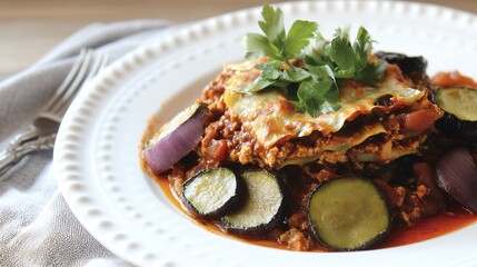 Clean white plate of moussaka with visible layers and garnishes