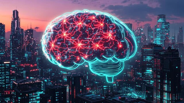 Futuristic wireframe brain with network connections