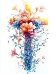 Floral cross design with vibrant colors.  Delicate flowers and vines intertwine around a golden cross