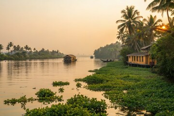 Obraz premium Capture tranquility: Kerala backwaters sunrise photography offers stunning visuals and copy space.