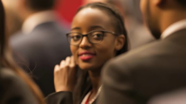 Closeup on a group of attendees engaged in animated conversation their faces lit with excitement as they exchange friendly greetings and share stories about past diplomatic successes