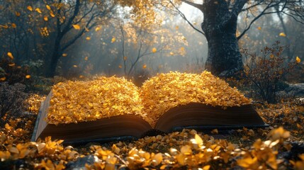 Open book filled with autumn leaves in a forest setting. Sunlight streams through the trees