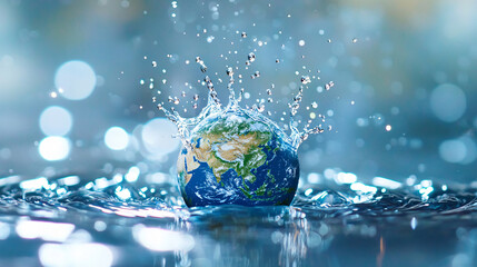Earth Globe in Water Splash Representing Global Issues and Environmental Awareness on Sustainability