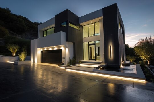 Contemporary luxury home with modern lighting and dark facade at dusk