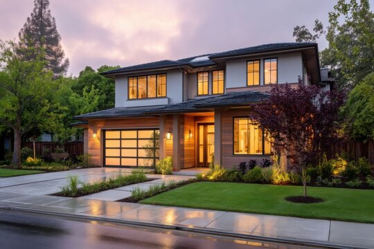 Modern suburban home with glowing windows and landscaped front yard