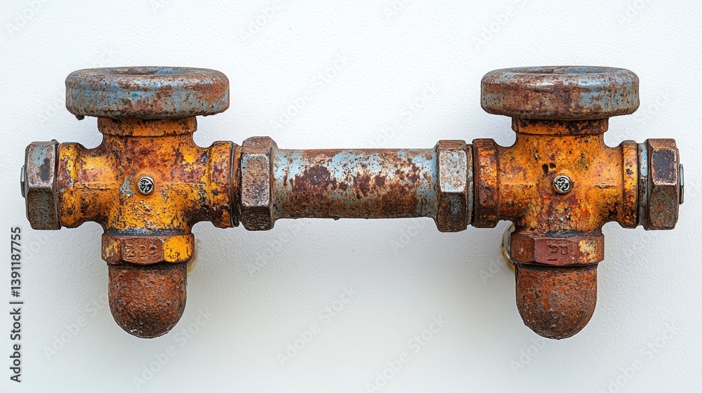 Poster rusty industrial pipe valve with two handles and multiple fittings.