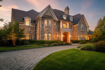 Grand stone mansion with curved driveway and evening lighting