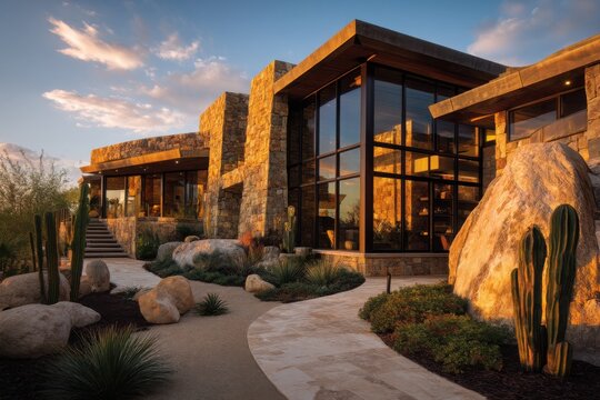 Desert style luxury home with stone exterior and large glass windows