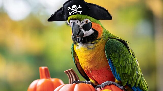 Parrot in pirate hat with pumpkins
