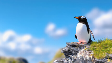 Obraz premium Delightful 3d rockhopper penguin perched on a rock showcasing its distinctive features and natural habitat environment