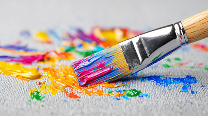 Obraz premium Paintbrush with Colorful Acrylic Paints on Canvas Artistic Expression and Creative Color Palette