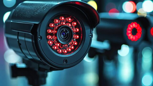 Close-up of a security camera with infrared LEDs