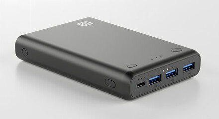 Portable Black Power Bank with USB Ports on White Background