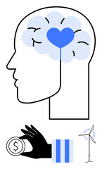 Profile head featuring a heart within the brain, hand holding a coin, and a windmill. Ideal for mental health, sustainability, environmental consciousness, renewable energy, ethical finance