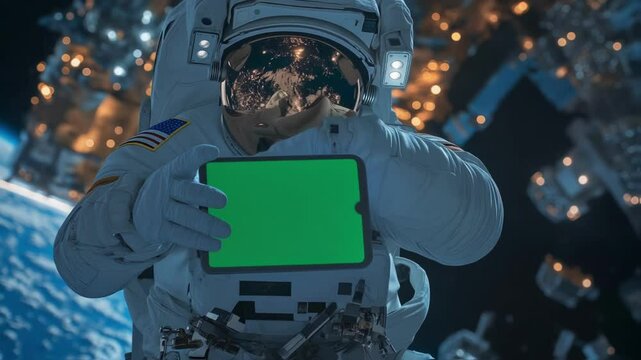 Astronaut in space shows a tablet with a green screen, perfect for showcasing apps, websites, or any digital content in a unique and futuristic setting
