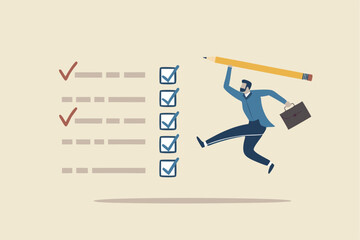 Complete task get work done, accomplish work or finish checklist, project management or good result survey, productive concept, happy businessman jumping high after completed tasks or accomplish work.