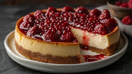 American New York cheesecake strawberry topping sliced and plated on a white dish