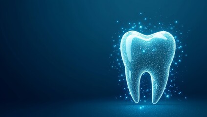 A glowing, translucent tooth, composed of tiny particles, against a dark blue backdrop.  The image suggests dental health and technology