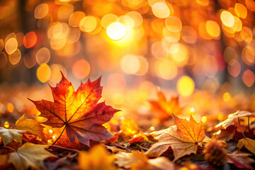 Autumn Leaves: A vibrant display of fallen autumn leaves, painted with warm hues of orange and red, scattered on the ground, creating a picturesque scene with a soft bokeh background. 