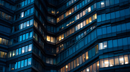 Fototapeta premium Night view of a modern building with illuminated windows creating a geometric pattern on the facade