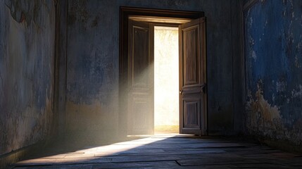 Sunbeam illuminates an open door in a dilapidated room.