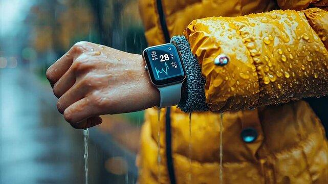 Rainy day, wristwatch displaying weather & heart rate