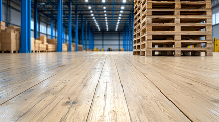 Warehouse Interior Featuring Pallets on Wooden Floor and Support Columns in Distant Background