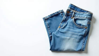 New, light wash jeans, neatly folded on white , light wash, jeans, photography