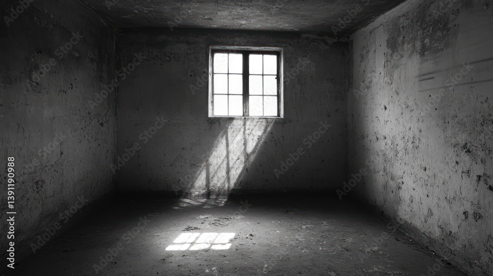 Poster sunbeam illuminating a dark, dilapidated room with a single window.