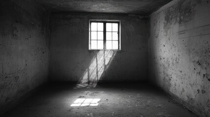 Obraz premium Sunbeam illuminating a dark, dilapidated room with a single window.
