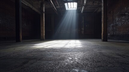 Sunbeams illuminate a dark, abandoned brick warehouse interior.