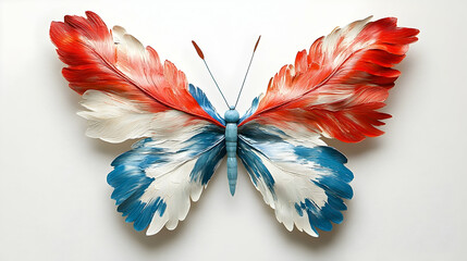 A colorful painted butterfly with feathered wings on a white background