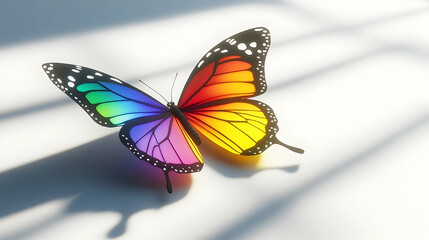 Fototapeta premium Colorful butterfly resting on a white surface with sunlight and shadows