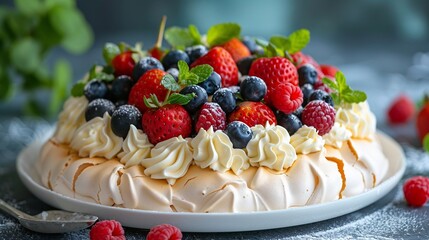 Australian pavlova meringue topped whipped cream and fresh fruits plated on white dish