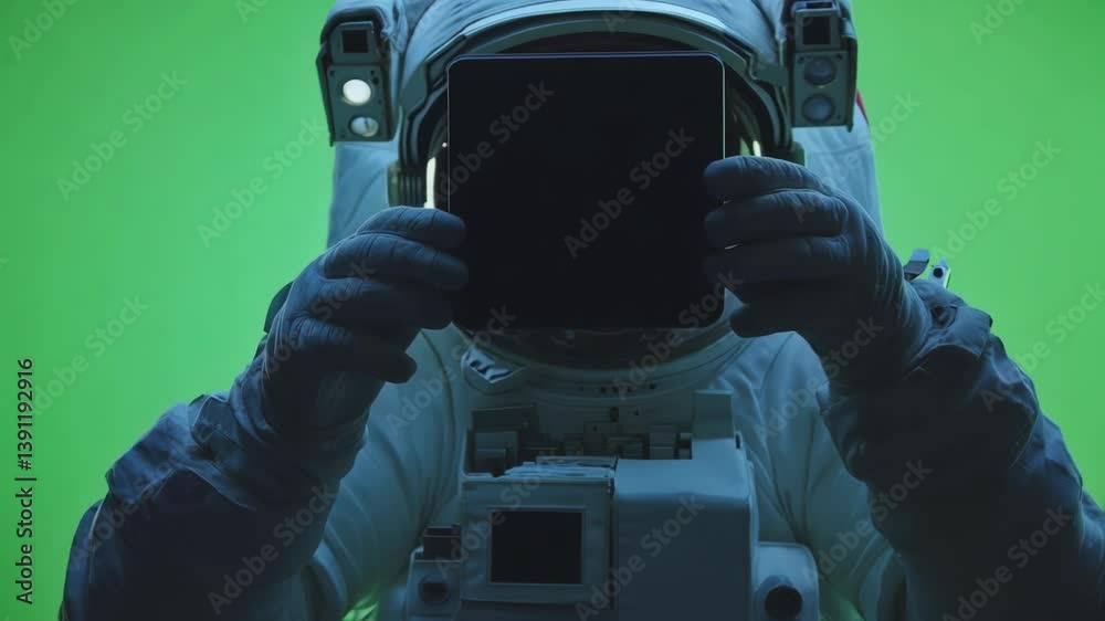 Poster astronaut in a spacesuit holds a tablet computer in front of their helmet visor against a green scre