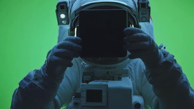 Astronaut in a spacesuit holds a tablet computer in front of their helmet visor against a green screen background, isolated for easy compositing