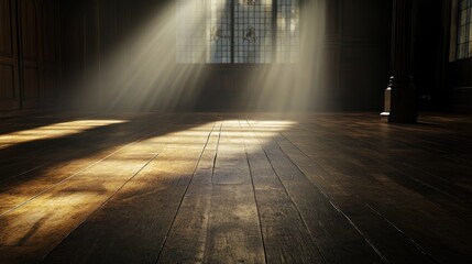 Sunbeams illuminate a dark, wooden-floored room.
