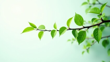Obraz premium Long branch stretching upwards against a plain white, green, foliage