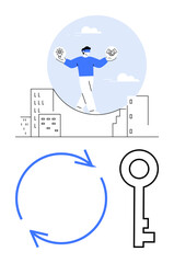 Man balancing innovation gear and handshake on rising cityscape. Circular arrows symbolize renewal key represents solutions and security. Ideal for teamwork, growth, strategy, leadership, innovation